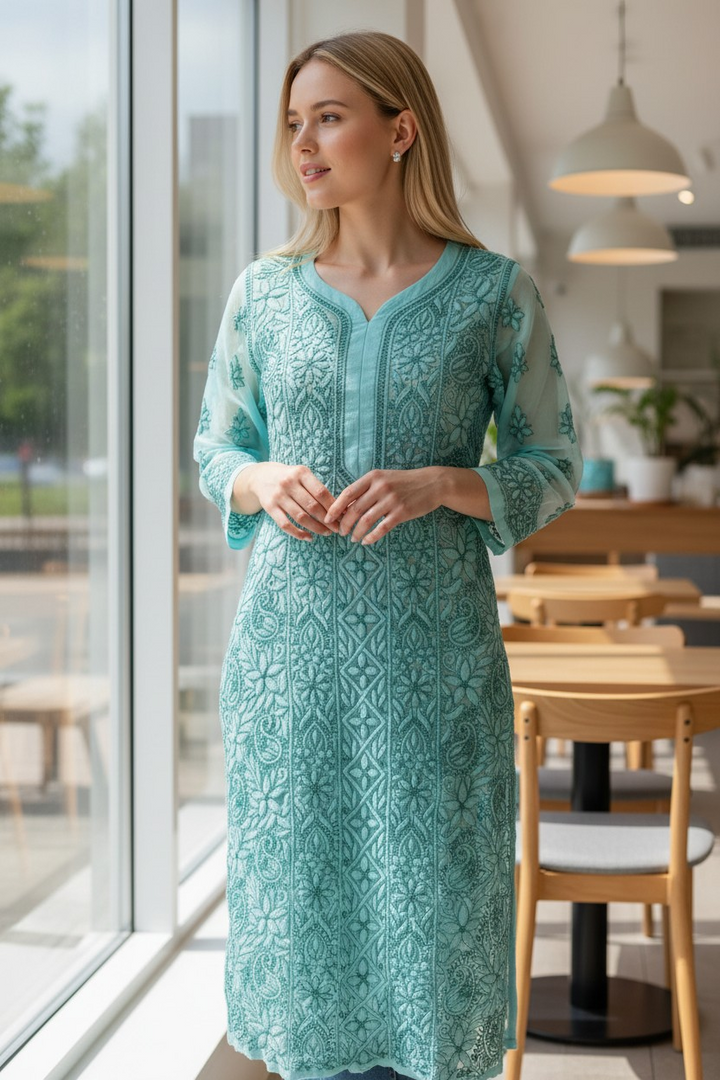 Georgette chikankari long kurti