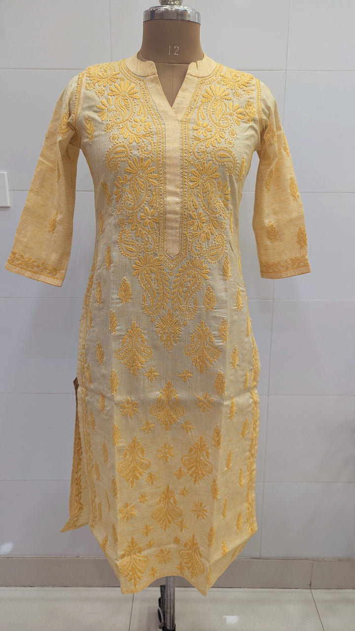 Pure Cotton Linen Lucknowi Chikankari Long Kurti | 100% Hand Embroidered | Non-Transparent | No Shrinkage