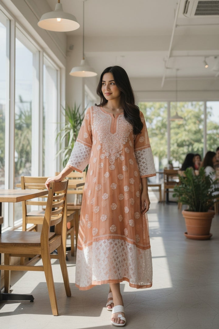Georgette Lucknowi Chikankari 50" Long A line gown style Kurti | 100% Hand Embroidered| No Shrinkage