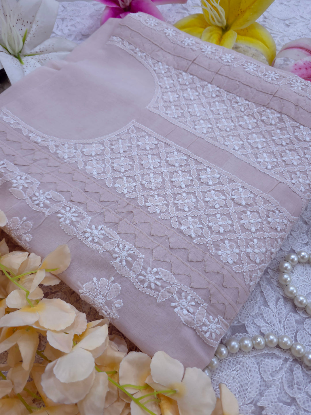 Darz Lucknowi Chikankari  Dress Material – Handmade Cotton Suit with Chiffon Dupatta