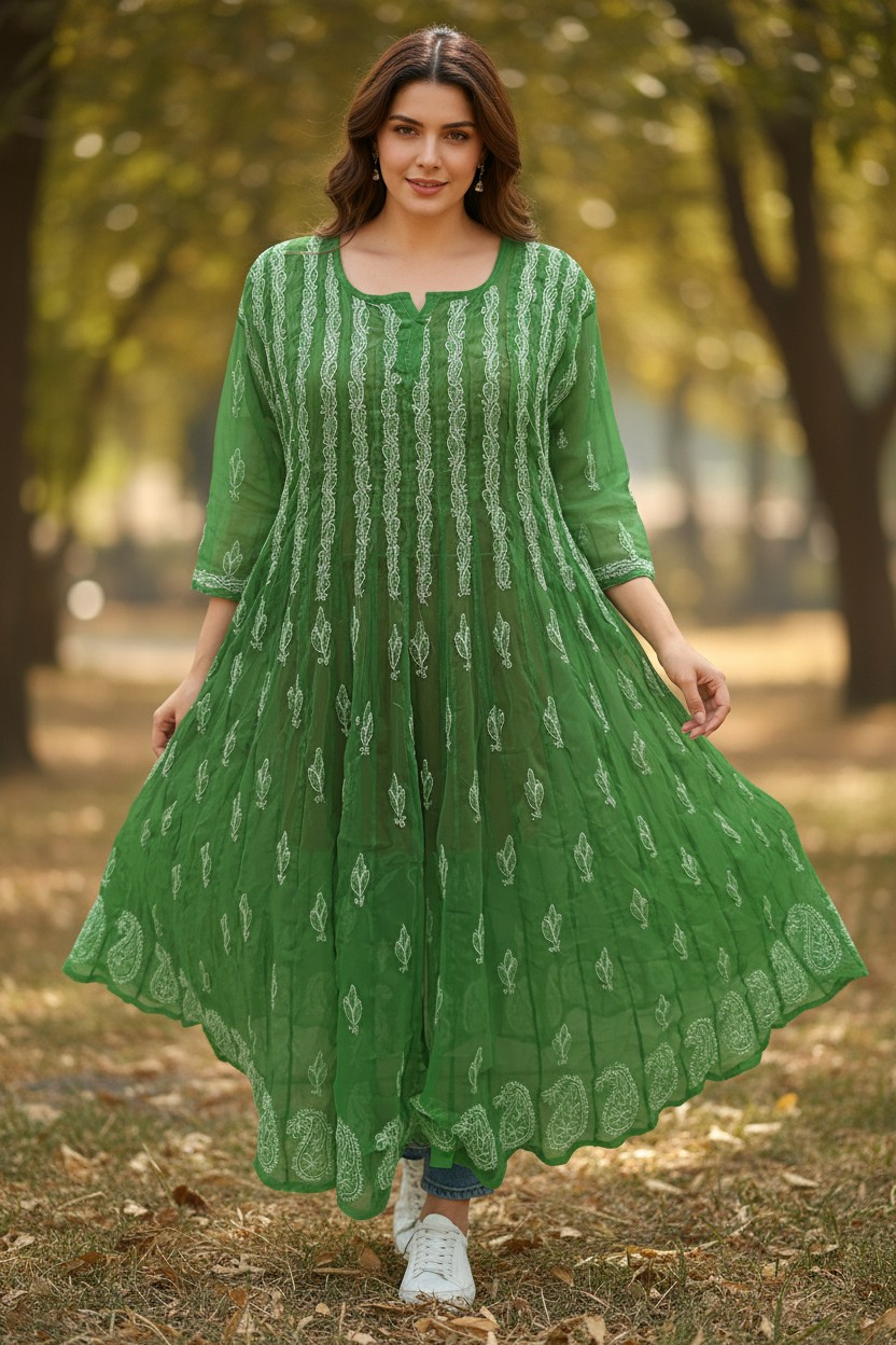 Georgette Lucknowi Chikankari 50" Long Anarkali Kurti | 100% Hand Embroidered| No Shrinkage