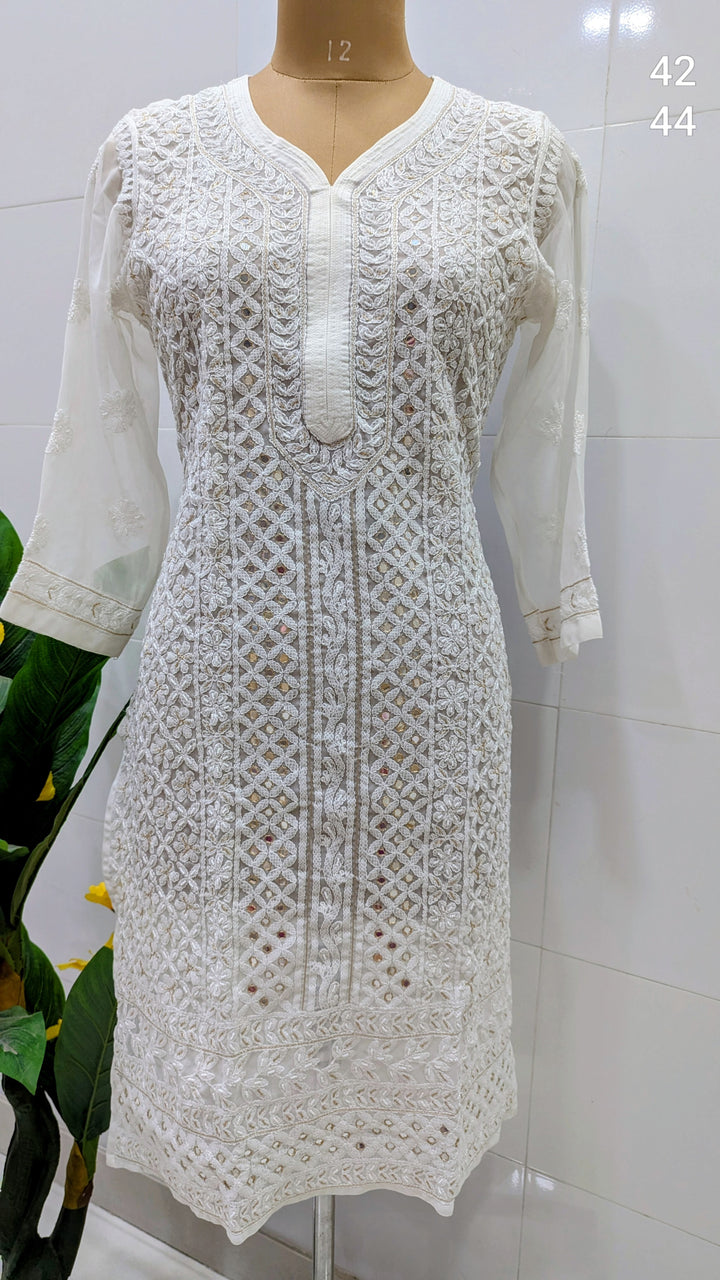 Raha Women’s Georgette Chikankari Kurti –Pearl, mirror n aari work -Designer Hand Embroidered Lucknowi Craft by Paridhan Chikan