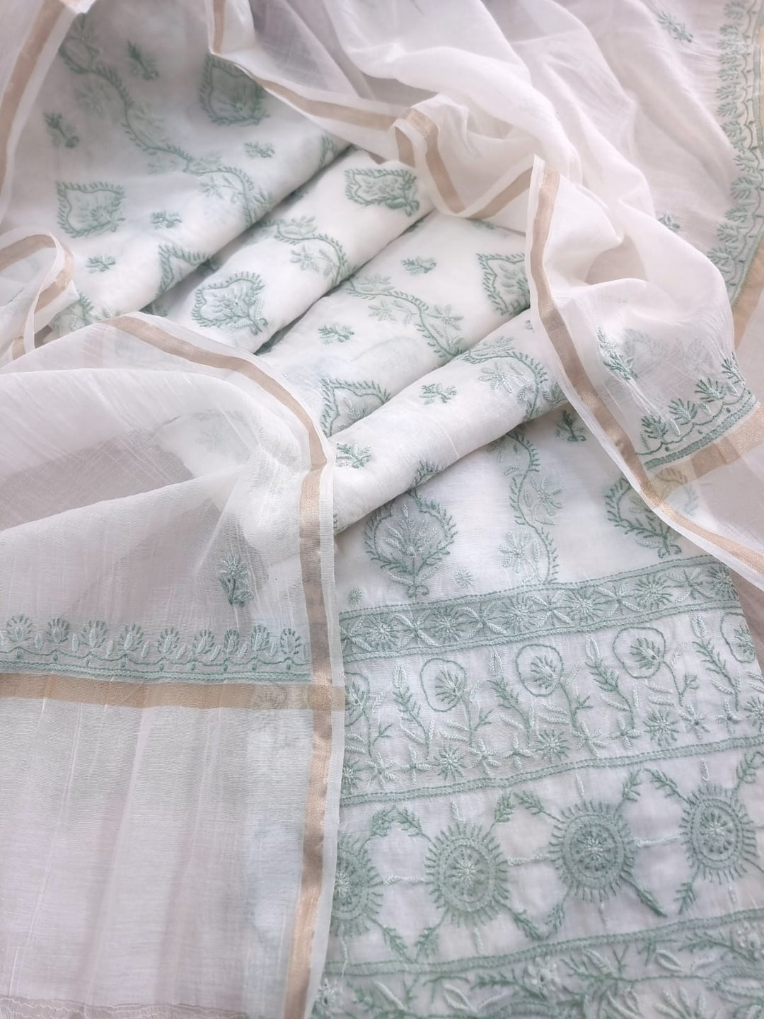 Pure Mul Chanderi 2 Taar Hand Embroidered Chikankari Unstitched Kurta (3 M) with Dupatta (2.5 M) – Lucknowi Festive Collection