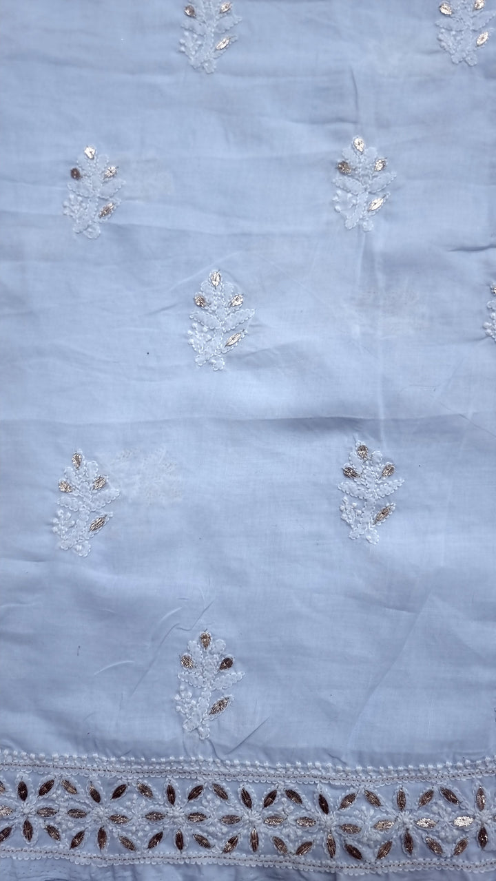 Powder Blue Unstitched Soft Cotton Chikankari Suit Set – Aari, Kasab & Gotta Patti Embellished with Pure Chiffon Dupatta