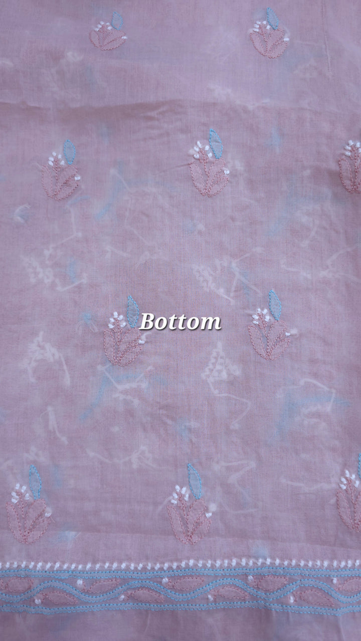 Lucknow Chikankari Hand Embroidered Cotton Dress Material with Tri-Color Motifs & Pure Chiffon Dupatta