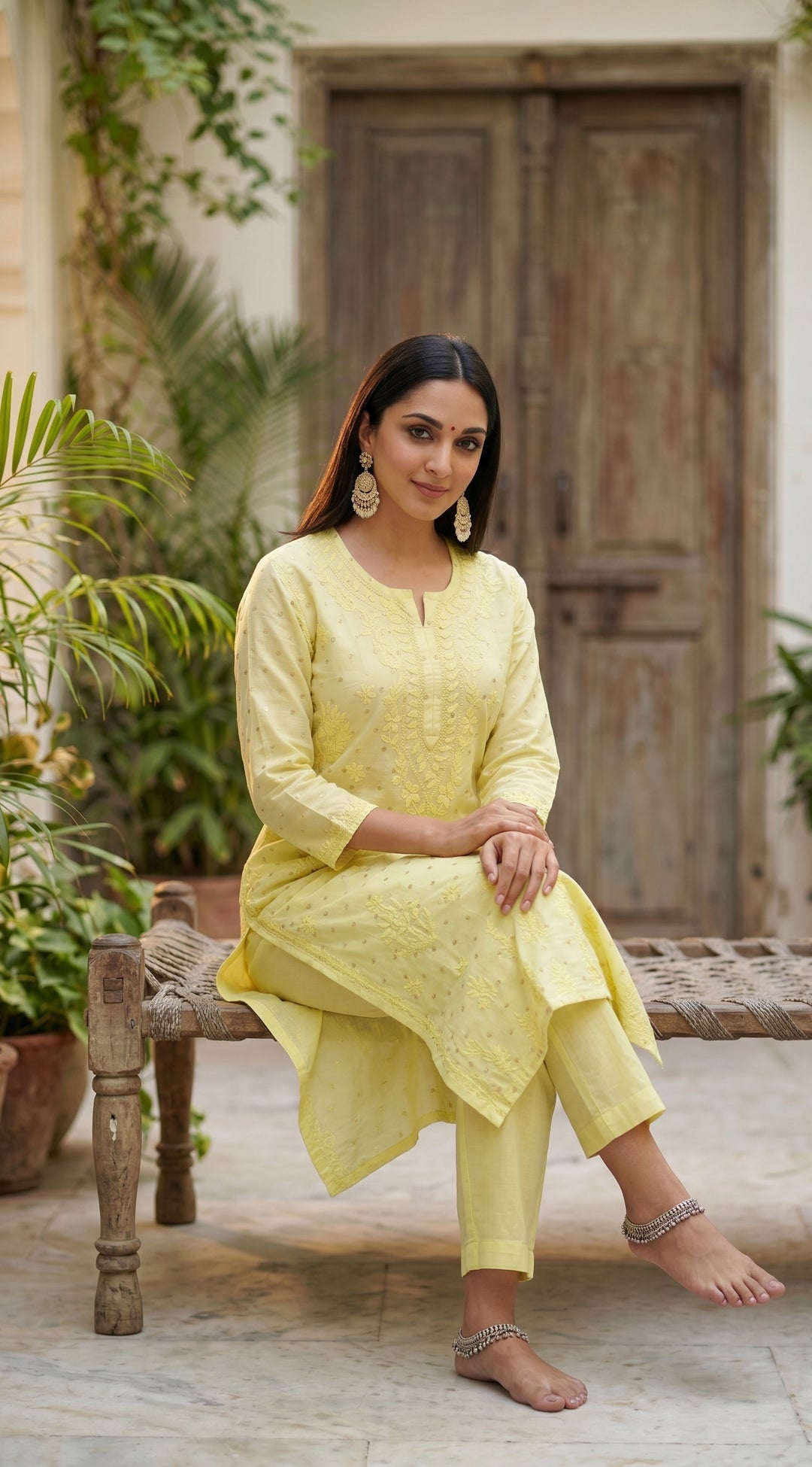 Kiara Chikankari Chanderi Golden Zari Buti Kurti for Women | Soft Non-Transparent | Paridhan Chikan