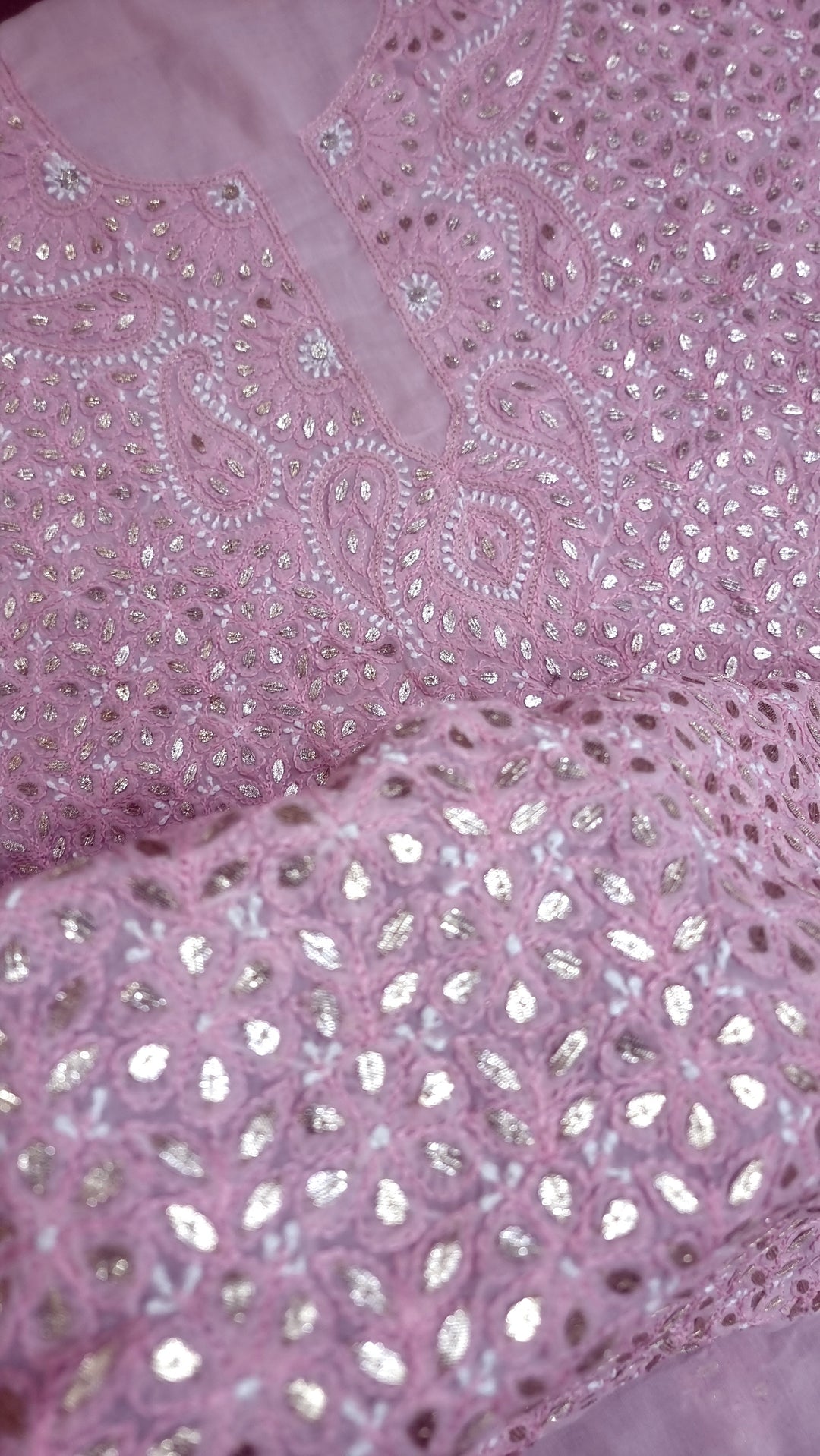 Pink Unstitched Soft Cotton Chikankari Suit Set – Aari, Kasab & Gotta Patti Embellished with Pure Chiffon Dupatta (Copy)