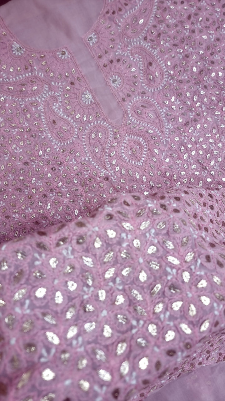 Pink Unstitched Soft Cotton Chikankari Suit Set – Aari, Kasab & Gotta Patti Embellished with Pure Chiffon Dupatta (Copy)