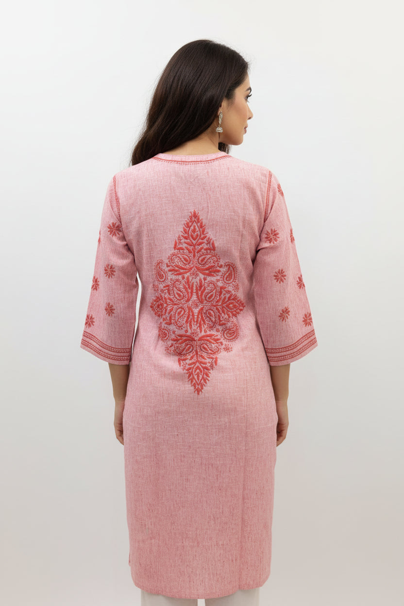 Pure Cotton Linen Lucknowi Chikankari Long Kurti | 100% Hand Embroidered | Non-Transparent | No Shrinkage