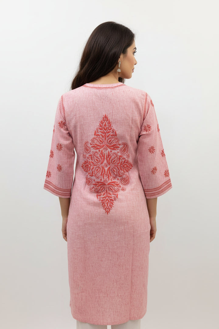 Pure Cotton Linen Lucknowi Chikankari Long Kurti | 100% Hand Embroidered | Non-Transparent | No Shrinkage