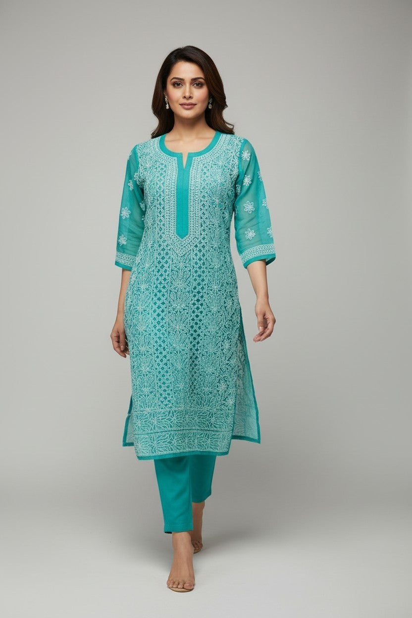 Mahi Women's Chikankari Georgette Full Embroidered Kurta | Hand Embroidered Lucknowi Ethnic Wear