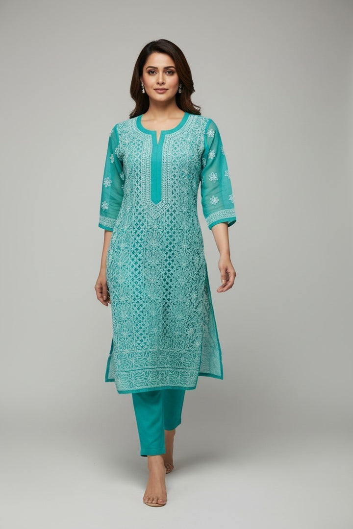 Mahi Women's Chikankari Georgette Full Embroidered Kurta | Hand Embroidered Lucknowi Ethnic Wear