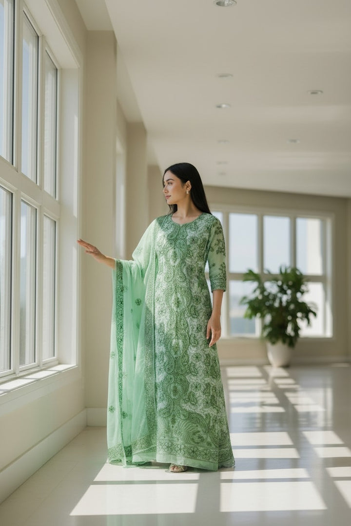 Unstitched Georgette Chikankari Dress Material | Hand Embroidered Kurta, Bottom & Dupatta