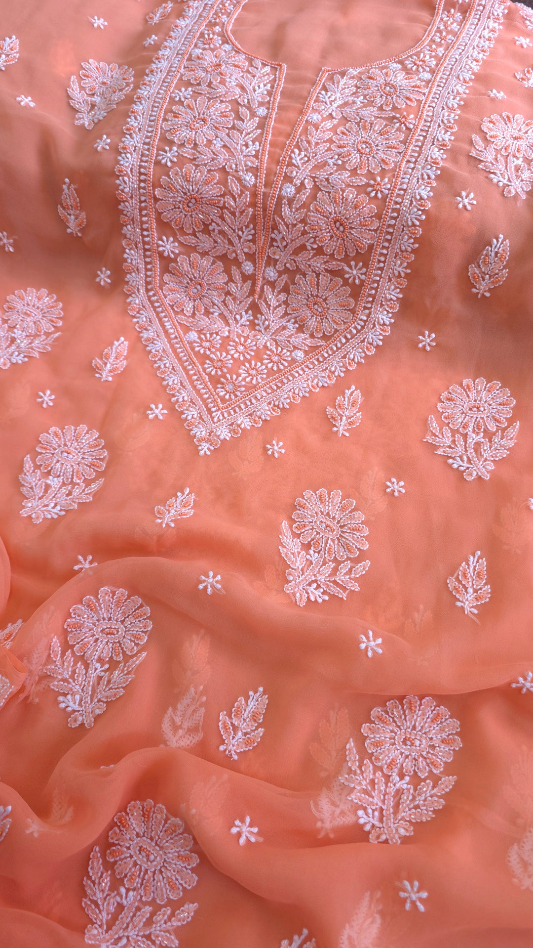 Alina Heavy Embellished Georgette Chikankari Unstitched Dress Material | Cutdana Handwork
