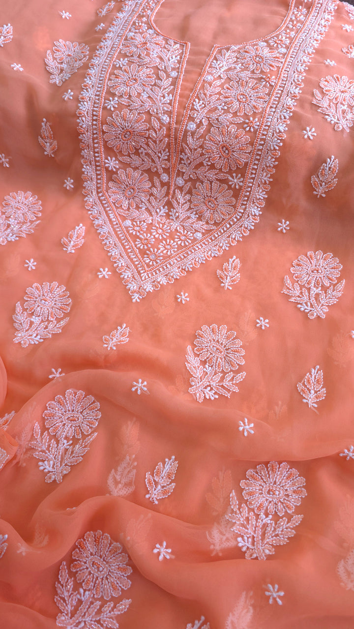Alina Heavy Embellished Georgette Chikankari Unstitched Dress Material | Cutdana Handwork
