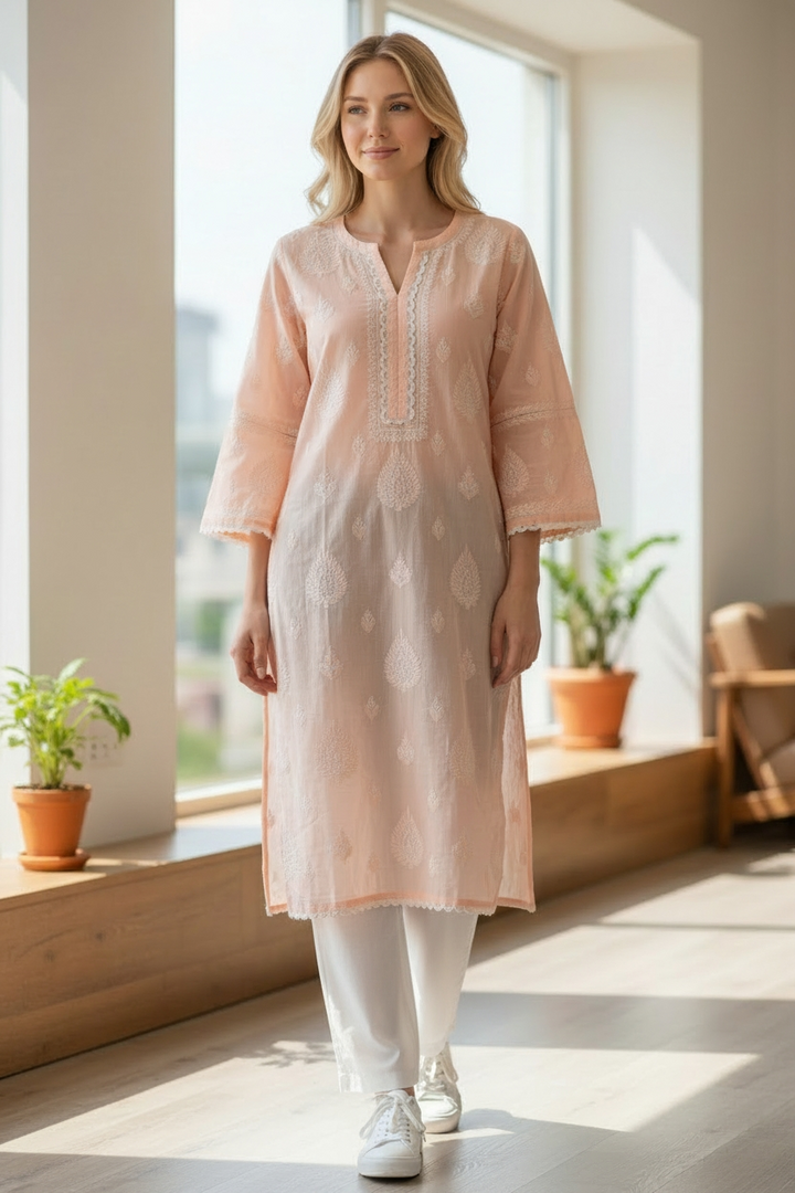 Cotton Chikankari Hand Embroidered Kurti for Women | Premium Soft  | 44 Inch Length | Lucknowi Chikan Kurta