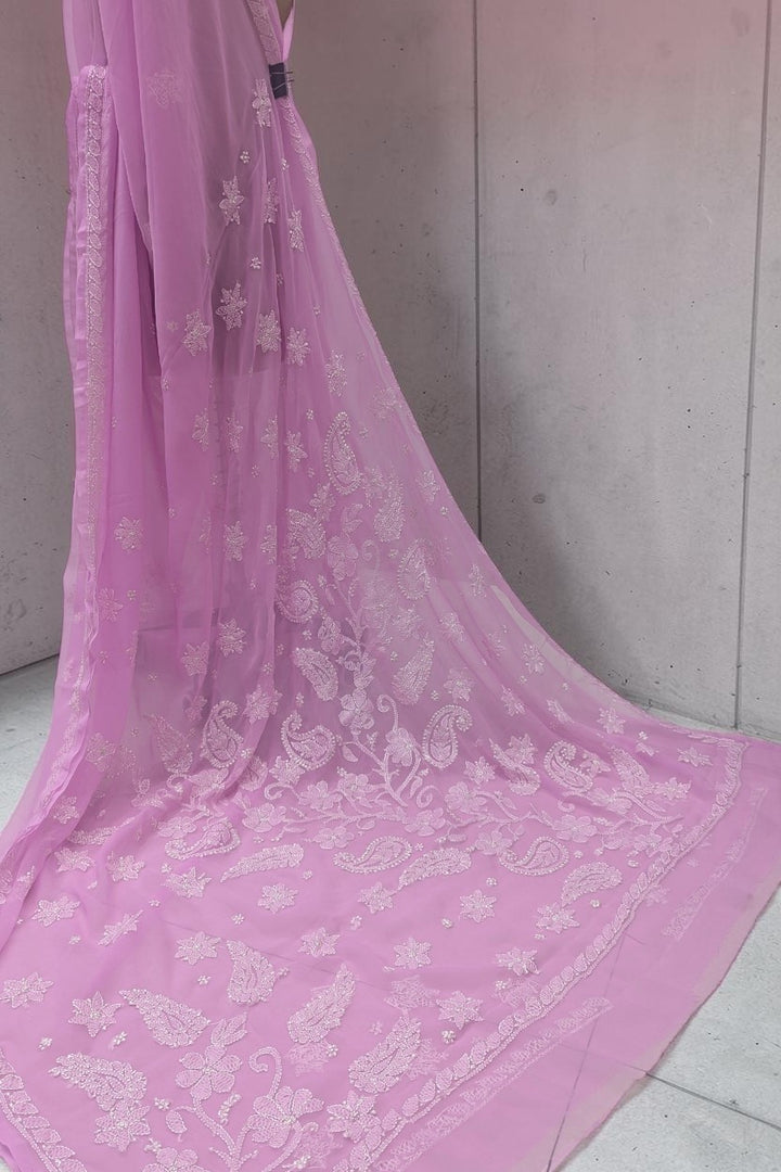 Faux Georgette Hand Chikankari Saree with Exclusive Border & Palla Design | Embroidered Blouse Included | Authentic Lucknow Handicraft by Paridhan Chikan