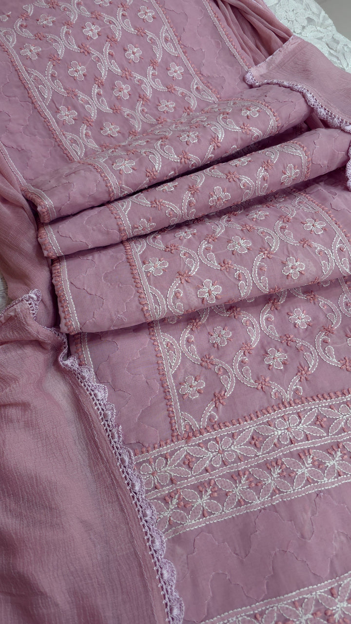 Darz Lucknowi Chikankari  Dress Material – Handmade Cotton Suit with Chiffon Dupatta