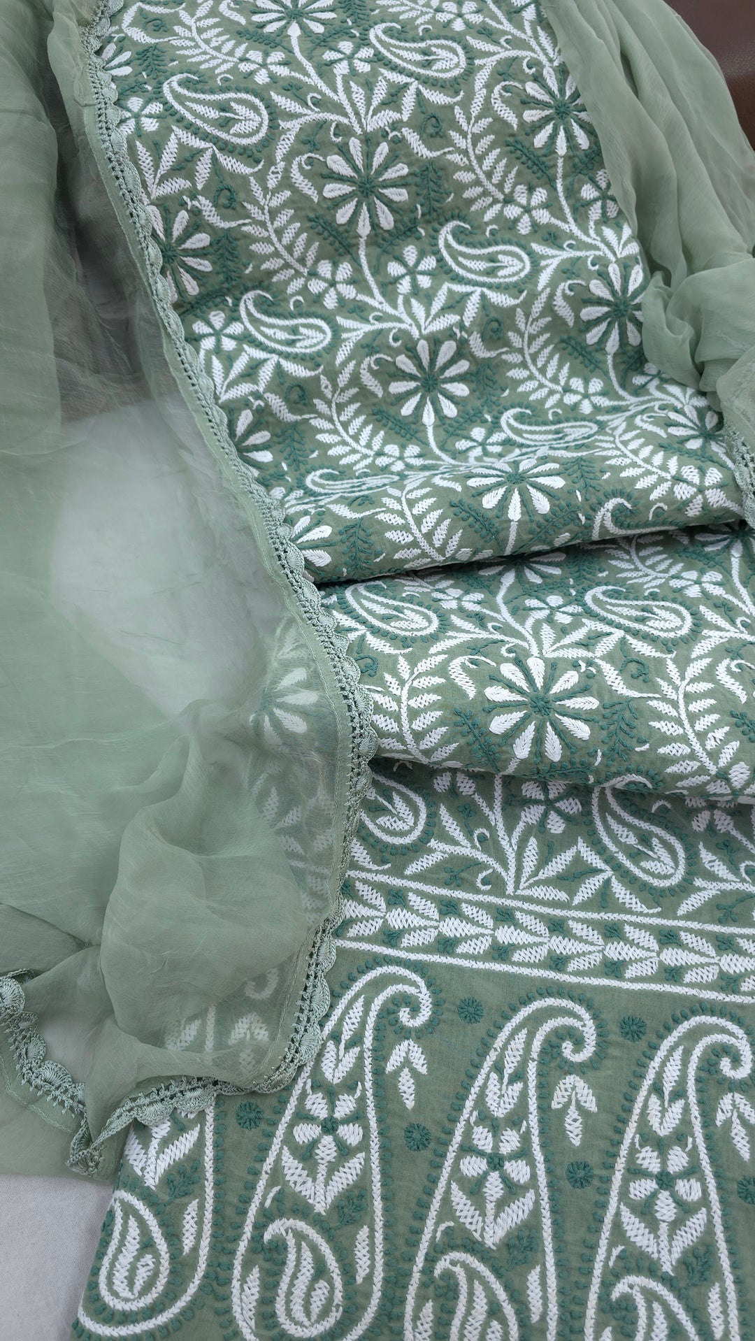 " Lucknowi Chikankari Unstitched Cotton Suit Set – Kurta, Bottom & Dupatta by Paridhan Chikan"