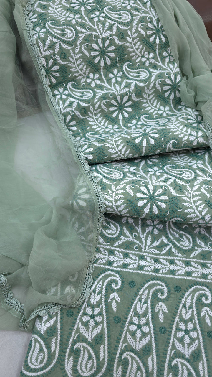 " Lucknowi Chikankari Unstitched Cotton Suit Set – Kurta, Bottom & Dupatta by Paridhan Chikan"