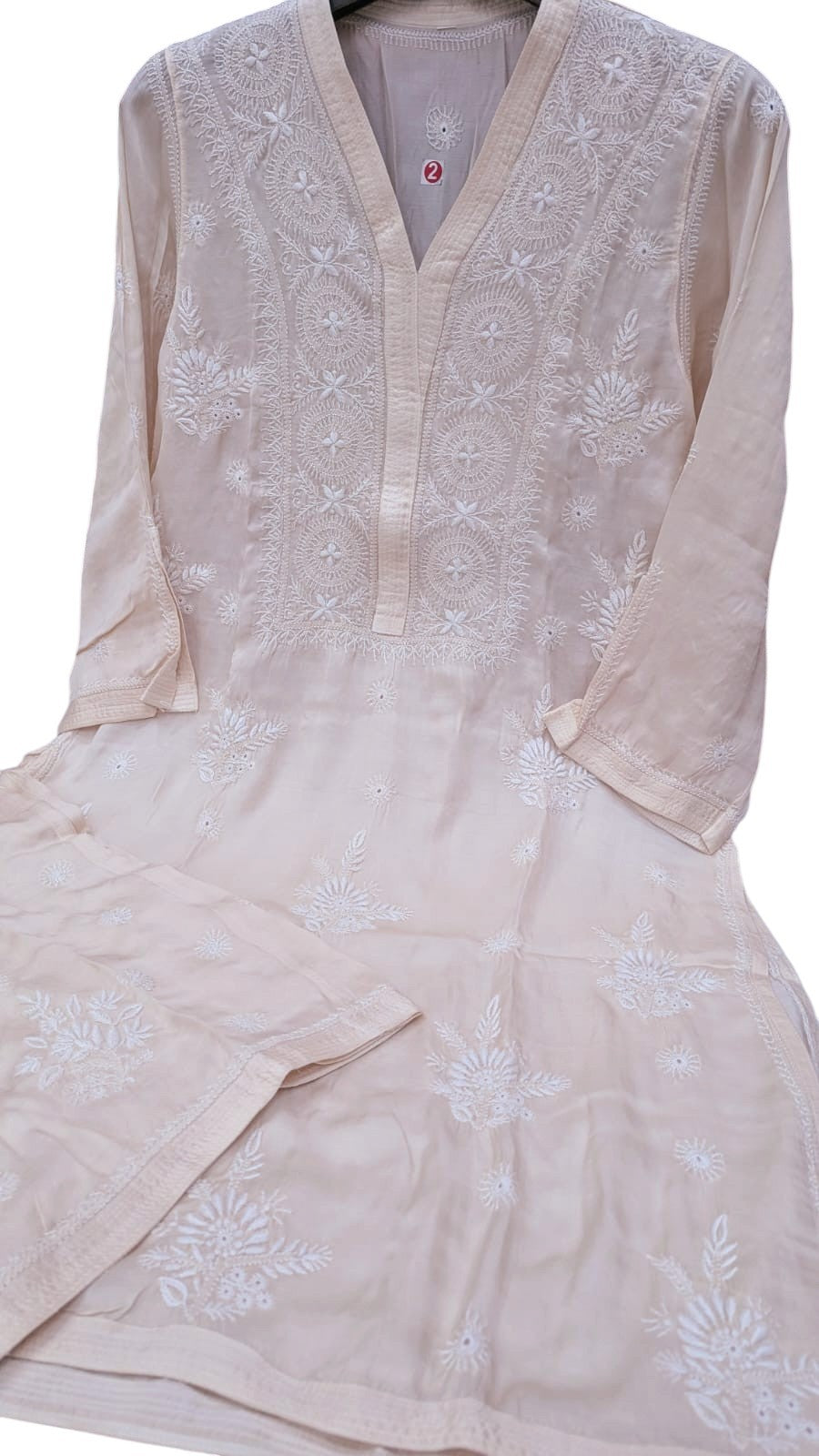 Luxe-Pure Modal satin luxurious kurti pants set with *2 taar chikankari work*