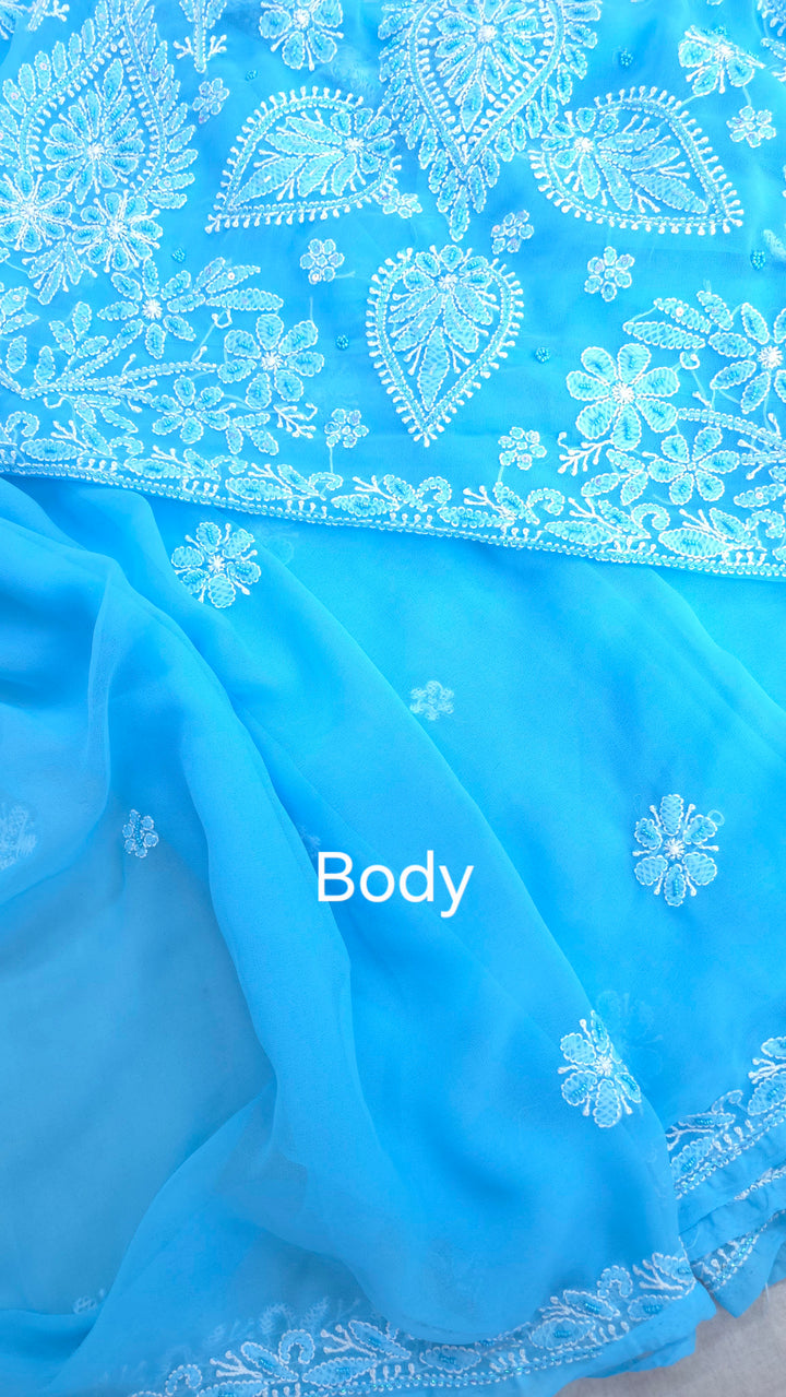 Pearl Chikankari Saree on Faux Georgette with Matching Blouse | Hand Embroidered Lucknowi Saree | Paridhan Chikan Heritage Collection