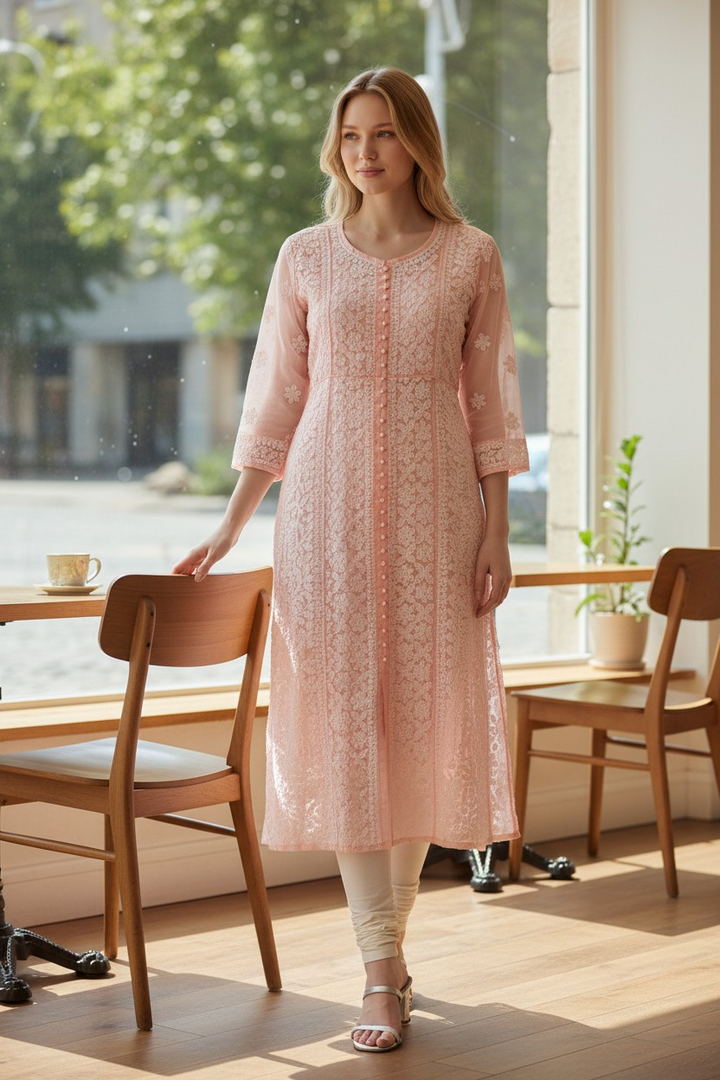 Women's Chikankari Georgette Front-Open Look Kurta | Hand Embroidered Lucknowi Ethnic Wear