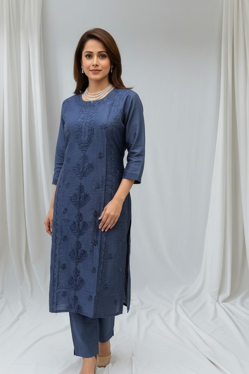 Heena Chanderi Chikankari Kurti – 100% Hand Embroidered, Non-Transparent
