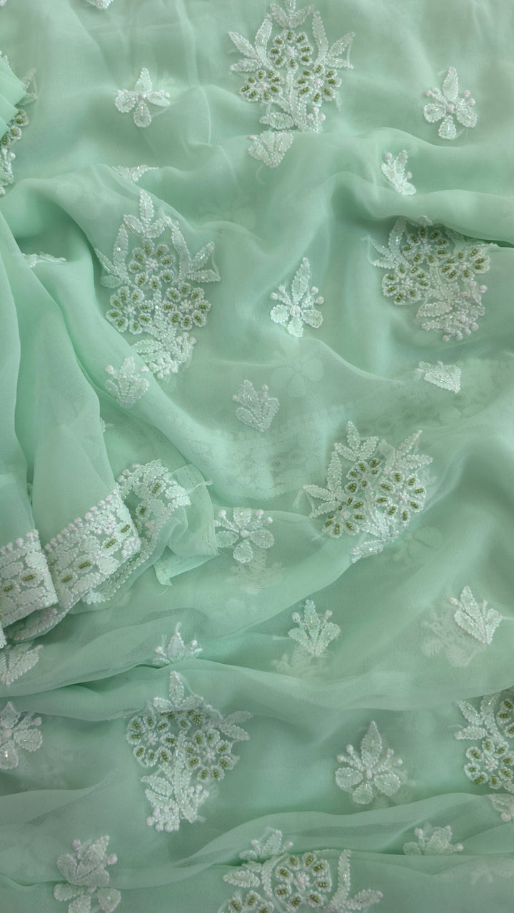 Alina Heavy Embellished Georgette Chikankari Unstitched Dress Material | Cutdana Handwork