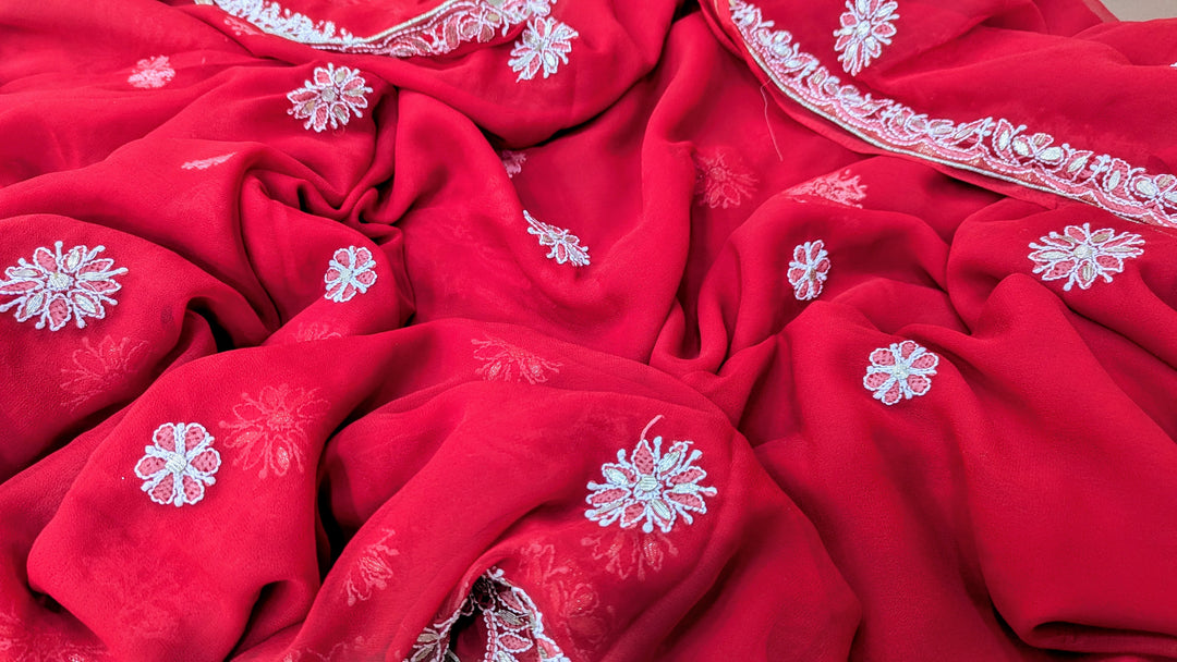 Embellished with Gota Patti | Hand Chikankari Faux Georgette Saree | Lucknowi Embroidery | Designer Festive Wear by Paridhan Chikan