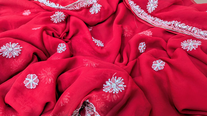 Embellished with Gota Patti | Hand Chikankari Faux Georgette Saree | Lucknowi Embroidery | Designer Festive Wear by Paridhan Chikan