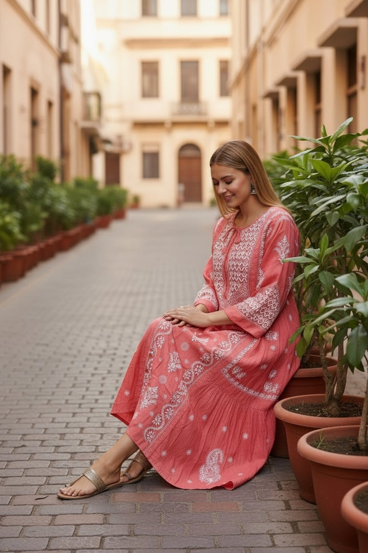 Pure Muslin luxurious long dress with *2 taar chikankari work* Length 50 " approx