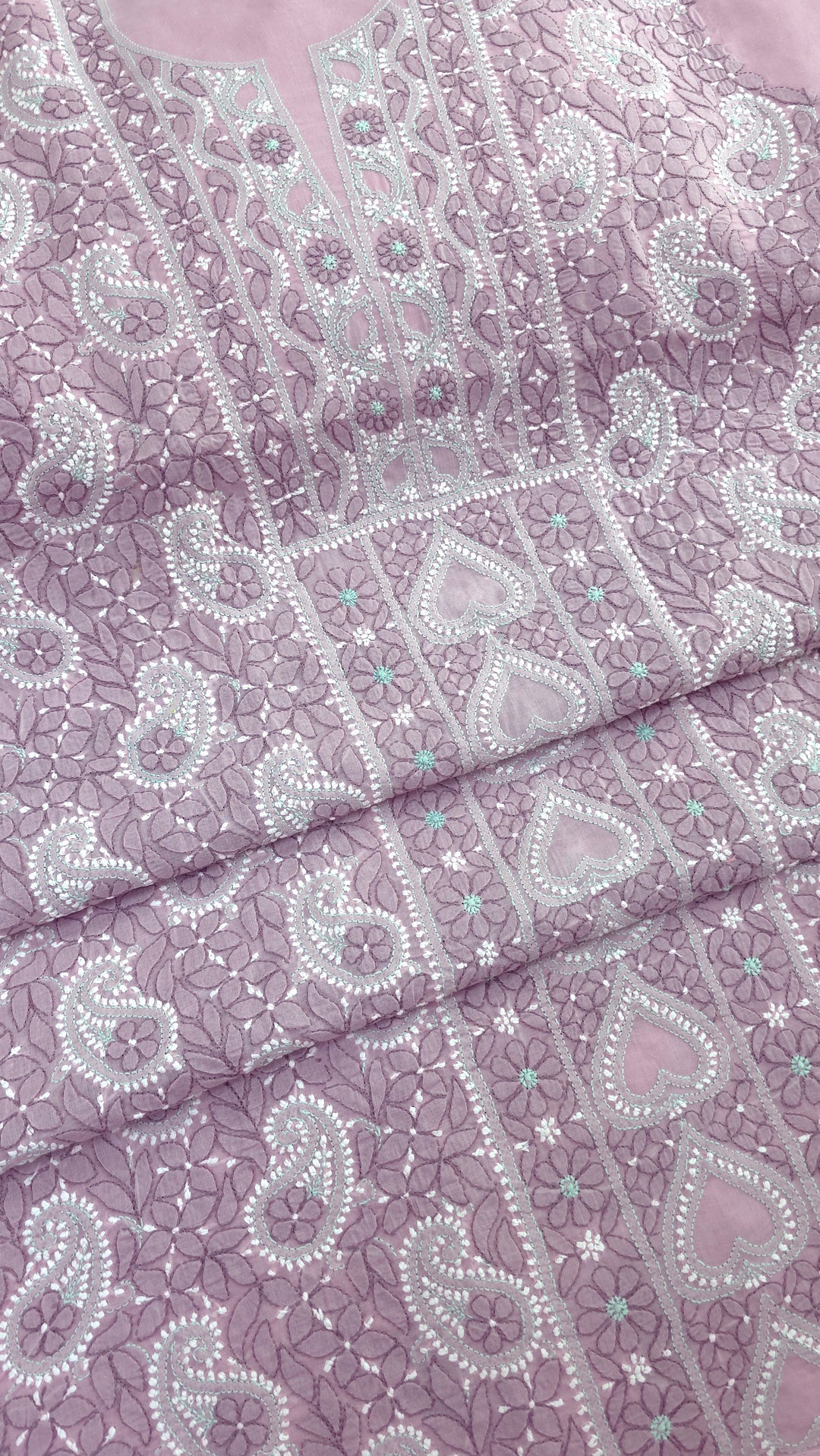Lucknow Chikankari Hand Embroidered Cotton Dress Material with Tri-Color Motifs & Pure Chiffon Dupatta