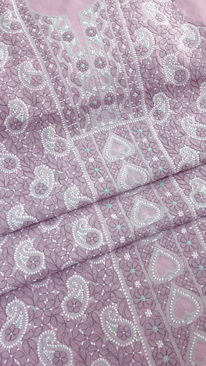 Lucknow Chikankari Hand Embroidered Cotton Dress Material with Tri-Color Motifs & Pure Chiffon Dupatta