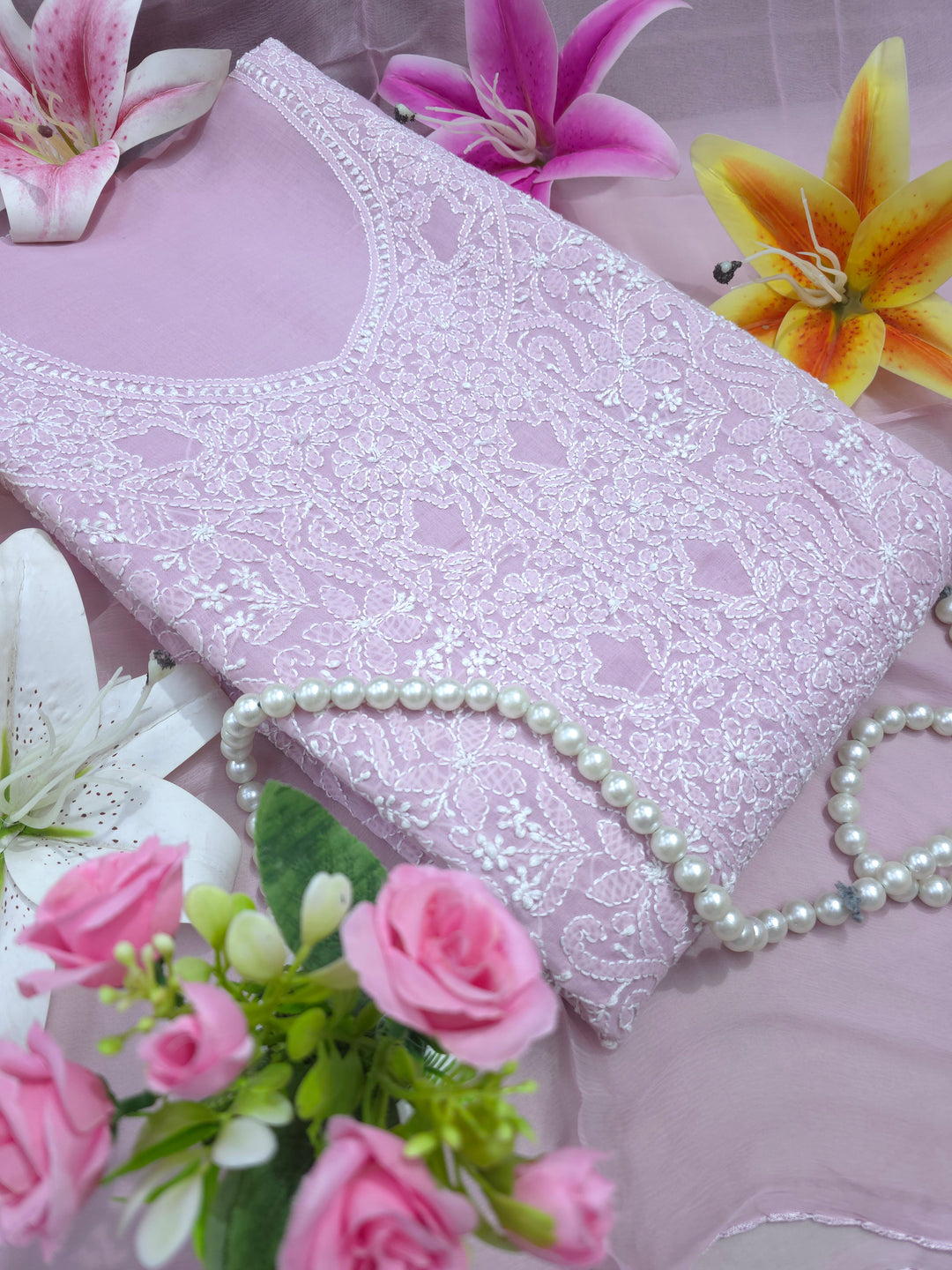 " Lucknowi Chikankari Unstitched Cotton Suit Set – Kurta, Bottom & Dupatta by Paridhan Chikan"