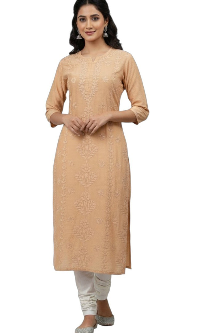 Heena Chanderi Chikankari Kurti – 100% Hand Embroidered, Non-Transparent
