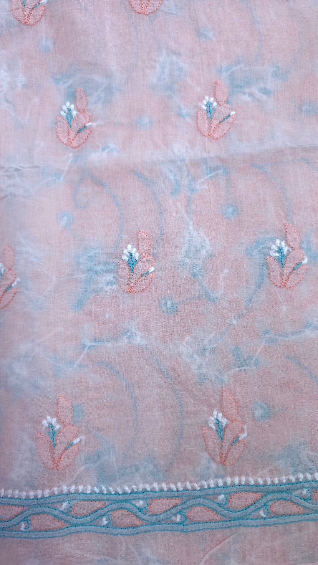 Lucknow Chikankari Hand Embroidered Cotton Dress Material with Tri-Color Motifs & Pure Chiffon Dupatta