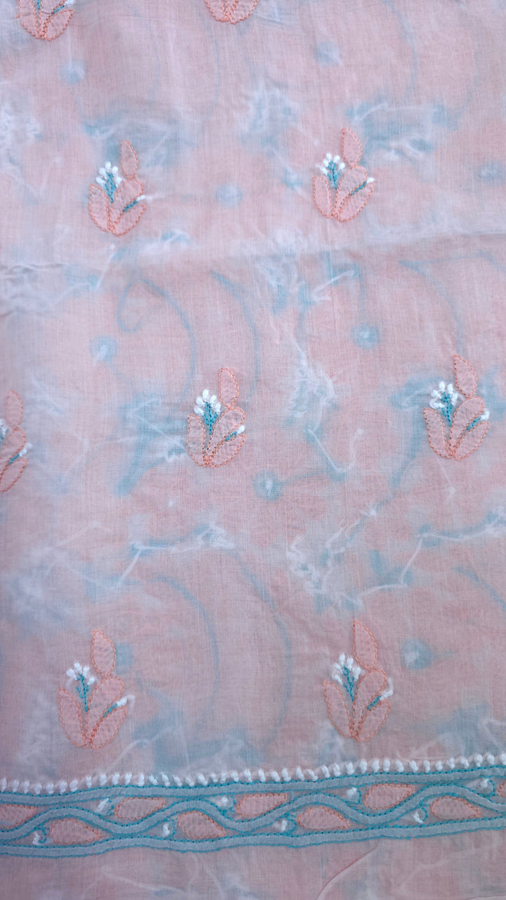 Lucknow Chikankari Hand Embroidered Cotton Dress Material with Tri-Color Motifs & Pure Chiffon Dupatta