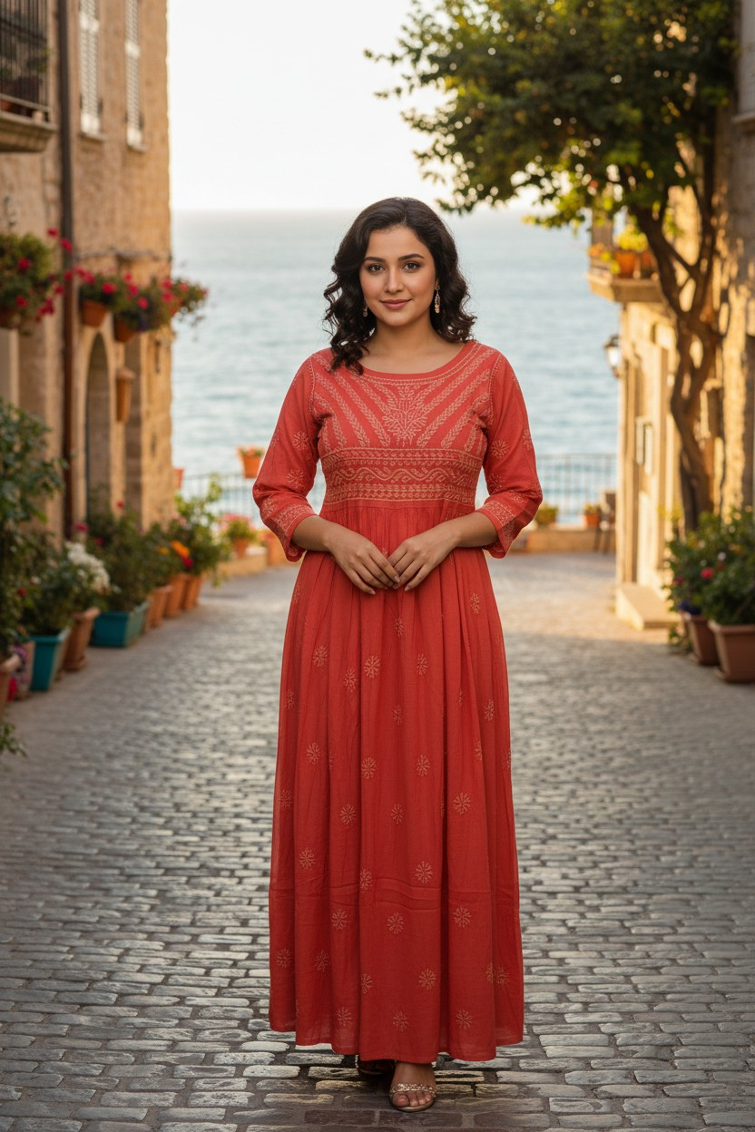 Cotton Lucknowi Chikankari 50 " Long A line Gown Kurti | 100% Hand Embroidered| No Shrinkage