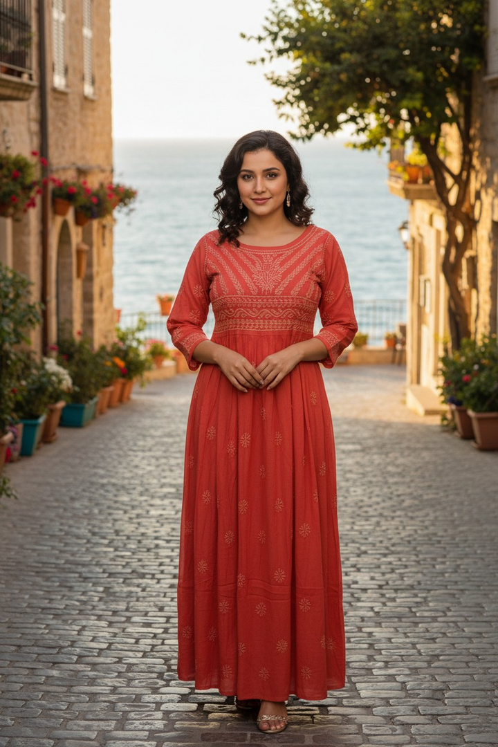 Cotton Lucknowi Chikankari 50 " Long A line Gown Kurti | 100% Hand Embroidered| No Shrinkage