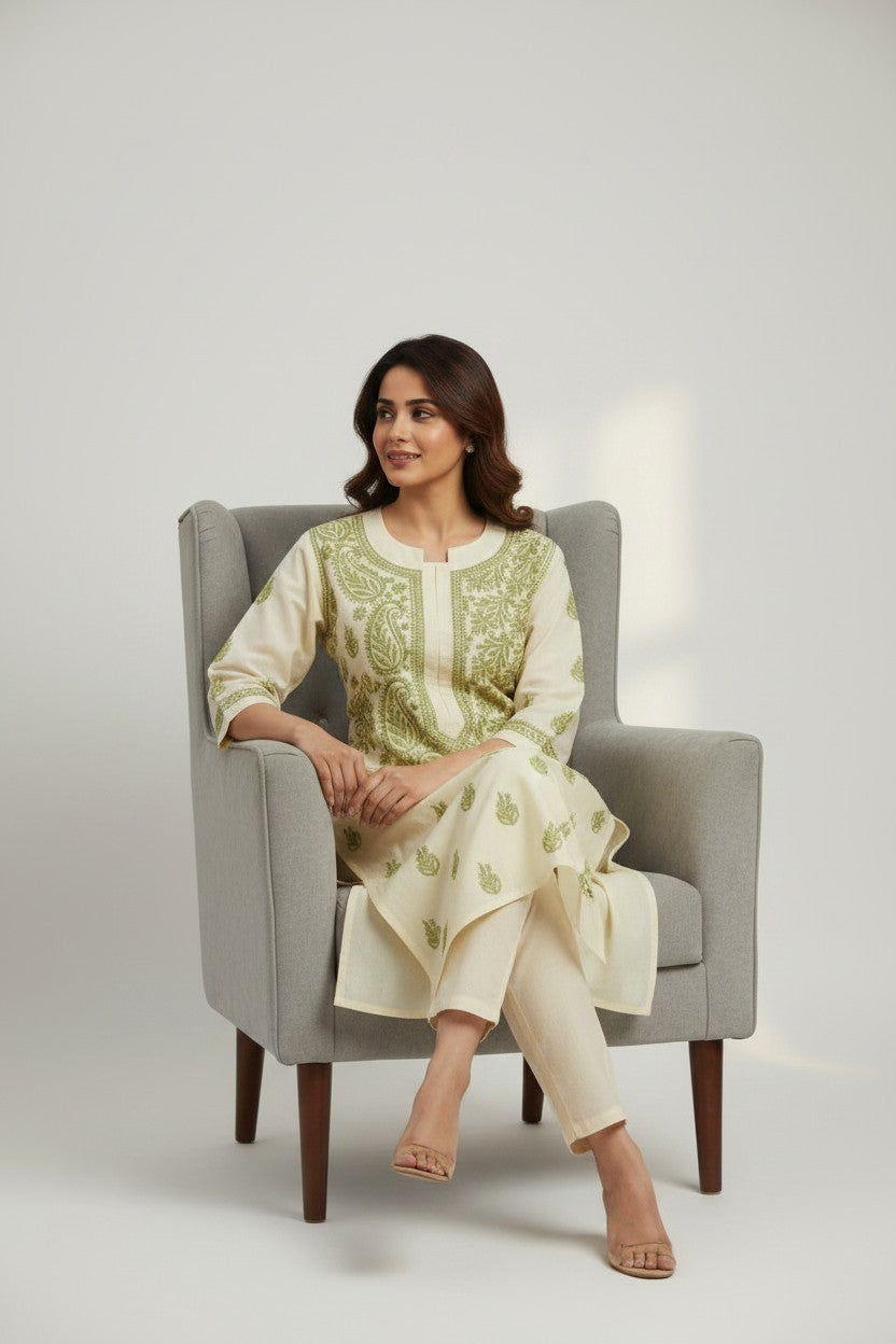 Pure Cotton Linen Lucknowi Chikankari Long Kurti | 100% Hand Embroidered | Non-Transparent | No Shrinkage