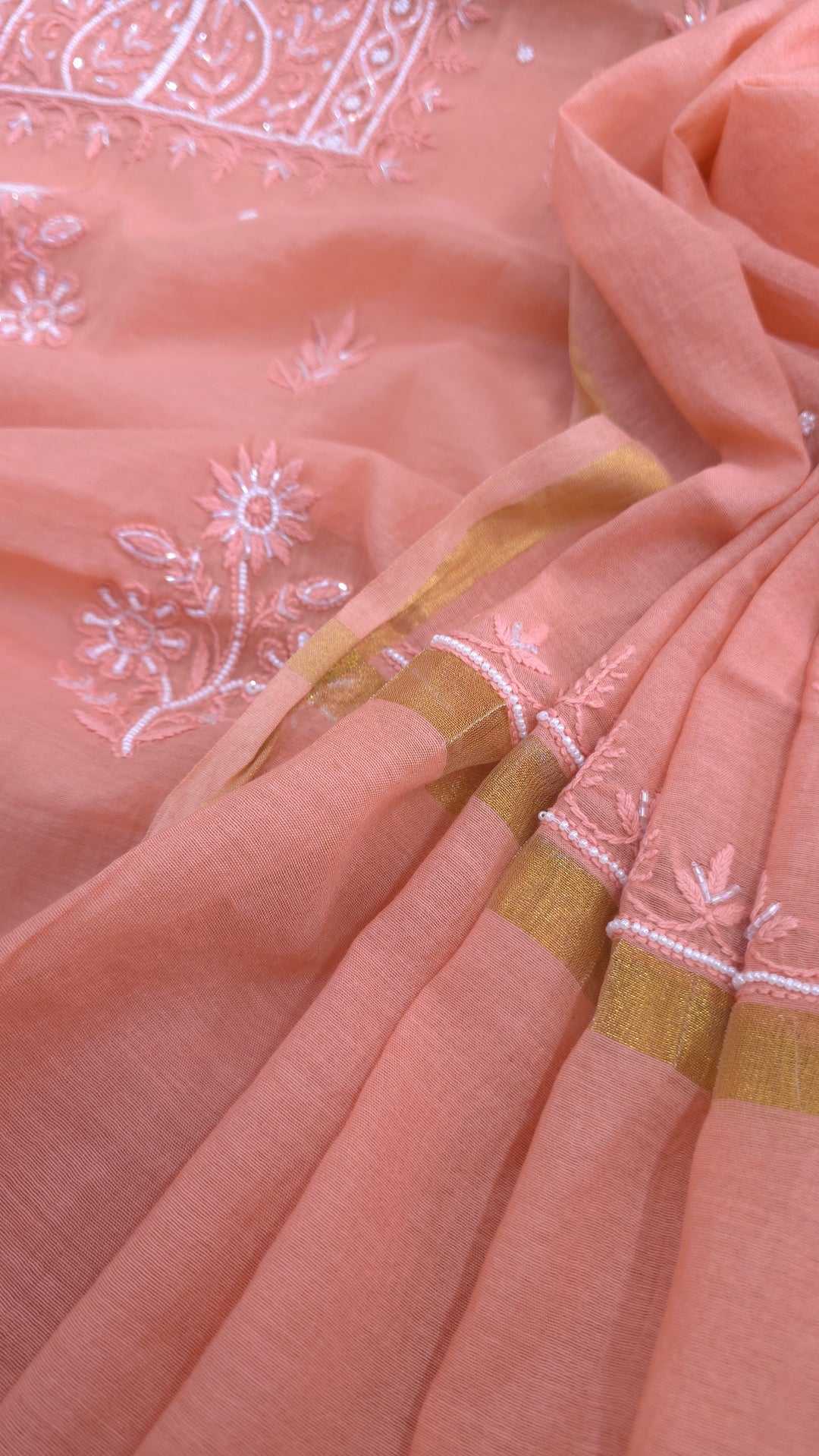 Premium Mul Chanderi Supersoft Dyeable Chikankari Dress Material | Hand Embroidered with Pearls & Cutdaana | Kurta & Dupatta Set