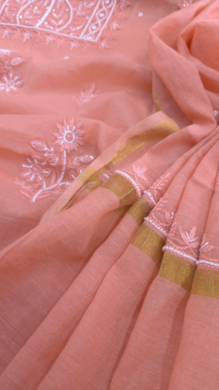 Premium Mul Chanderi Supersoft Dyeable Chikankari Dress Material | Hand Embroidered with Pearls & Cutdaana | Kurta & Dupatta Set
