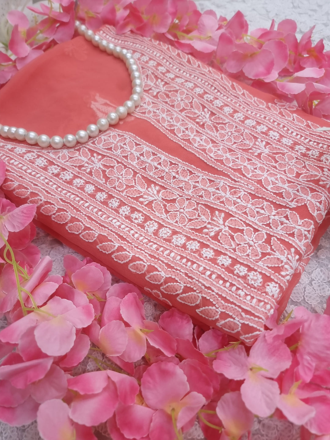 Lucknowi Georgette Chikankari Dress Material – Hand Embroidery Kurta, Bottom & Dupatta | Festive Queen Shades