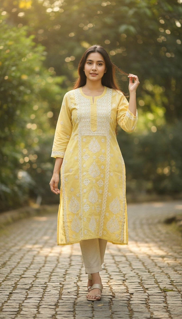 Hand Embroidery Chikankari Linen Kurti - Pastel Yellow