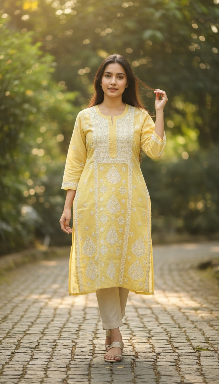 Hand Embroidery Chikankari Linen Kurti - Pastel Yellow