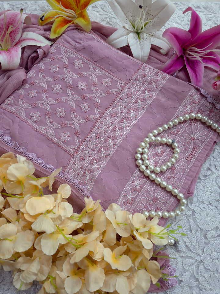 Darz Lucknowi Chikankari  Dress Material – Handmade Cotton Suit with Chiffon Dupatta