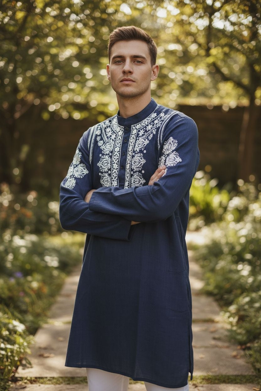 Gents Denim Lucknowi Chikankari Hand Embroidered Kurta – Soft, Stylish & Comfortable