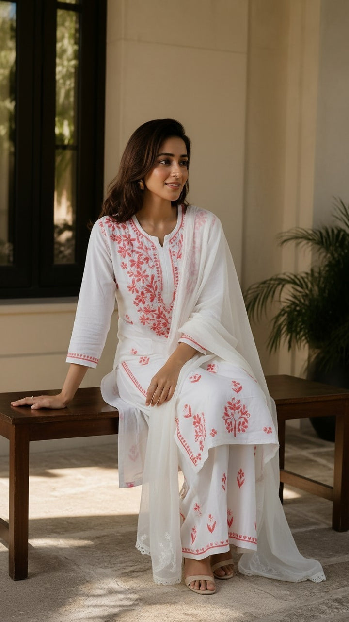 Ananya Rayon Colored Thread Chikankari Kurta Palazzo Dupatta Set | Lucknow Hand Embroidery | Paridhan Chikan