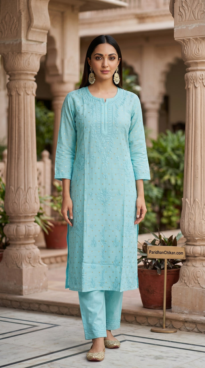 Kiara Chikankari Chanderi Golden Zari Buti Kurti for Women | Soft Non-Transparent | Paridhan Chikan